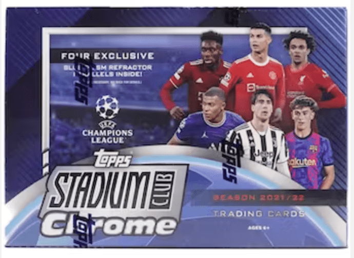 2021/22 Topps Stadium Club Chrome UEFA Champions League Soccer Mega Box (10 Packs Per Box, 5 Cards Per Pack)